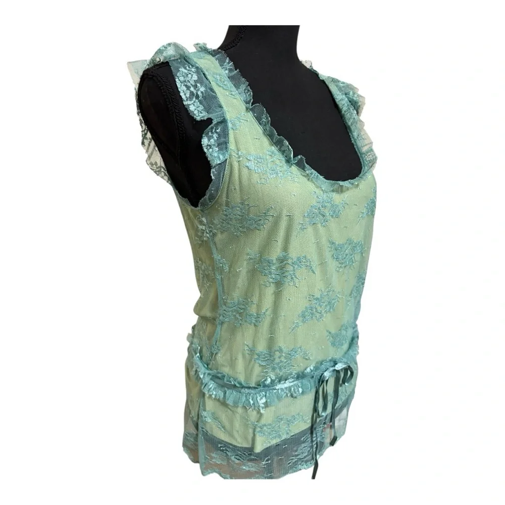 Intuition NWT Green/Blue Ruffled Lace Tie Front Sleeveless Tank Top Size Small - Picture 3 of 6
